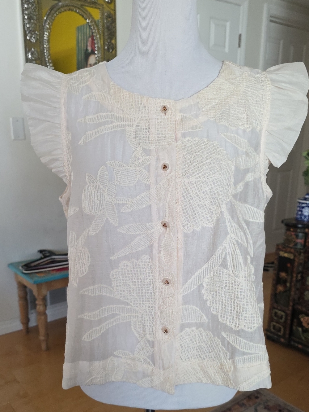 Delicate Cream Embroidered Flutter-Sleeve Top